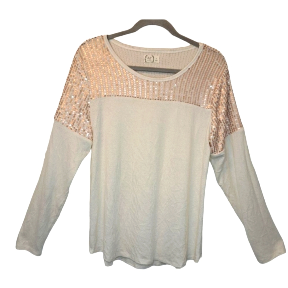 Maurices White Pink Sequin Sparkle Pullover Colorblock Sweater Size Large